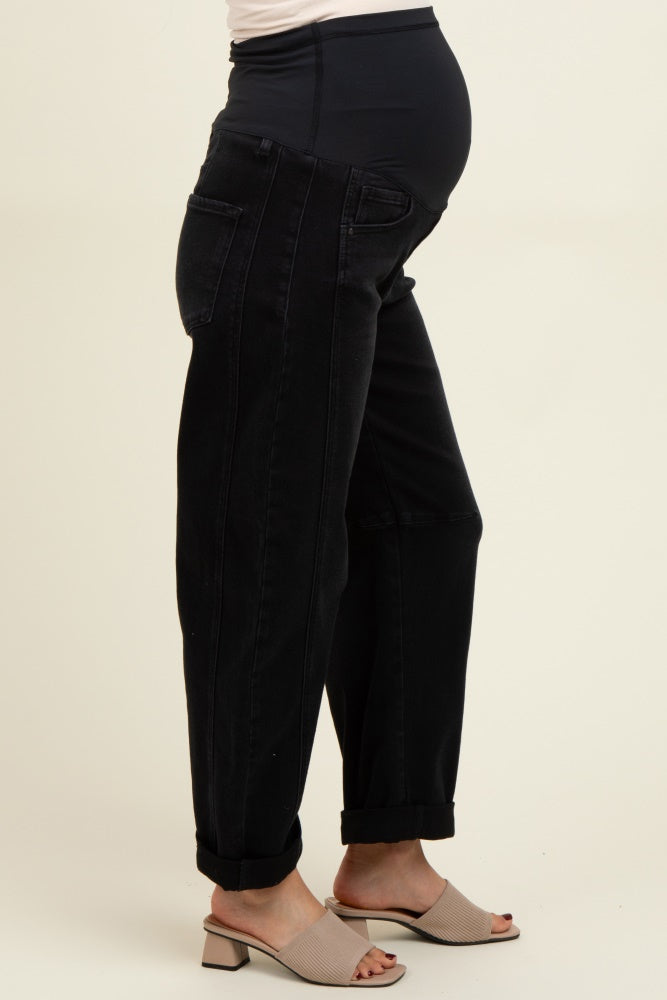 Black Rolled Cuff Barrel Leg Maternity Jeans