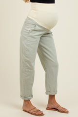 Light Olive Rolled Cuff Barrel Leg Maternity Jeans