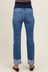 Blue Distressed Cuff Straight Leg Maternity Jeans