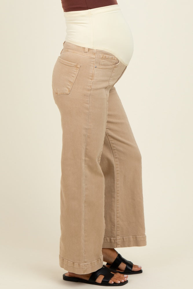 Camel Front Seam Wide Leg Maternity Jeans