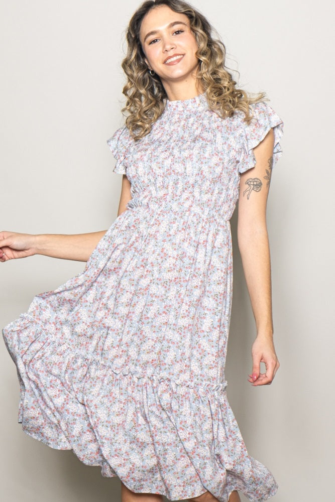 Light Blue Floral Mock Neck Smocked Ruffe Sleeve Midi Dress