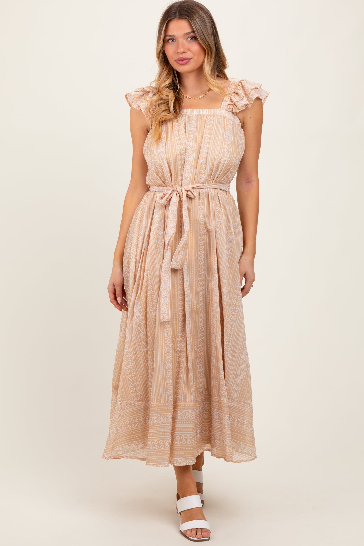 Peach Printed Ruffle Sleeve Sash Tie Midi Dress