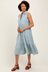 Light Olive Tiered Sleeveless Midi Shirt Dress