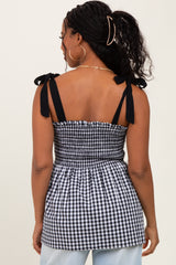 Black Gingham Smocked Shoulder Tie Top