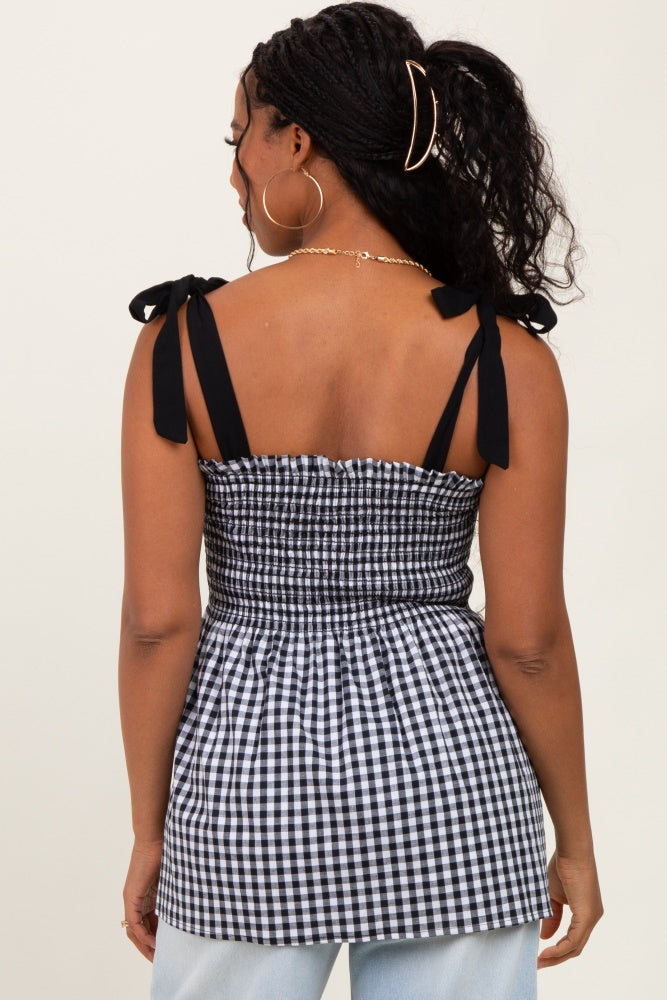Black Gingham Smocked Shoulder Tie Top