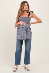 Black Gingham Smocked Shoulder Tie Maternity Top