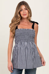 Black Gingham Smocked Shoulder Tie Maternity Top