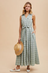 Light Olive Plaid Sleeveless Sash Tie Maternity Shirt Dress