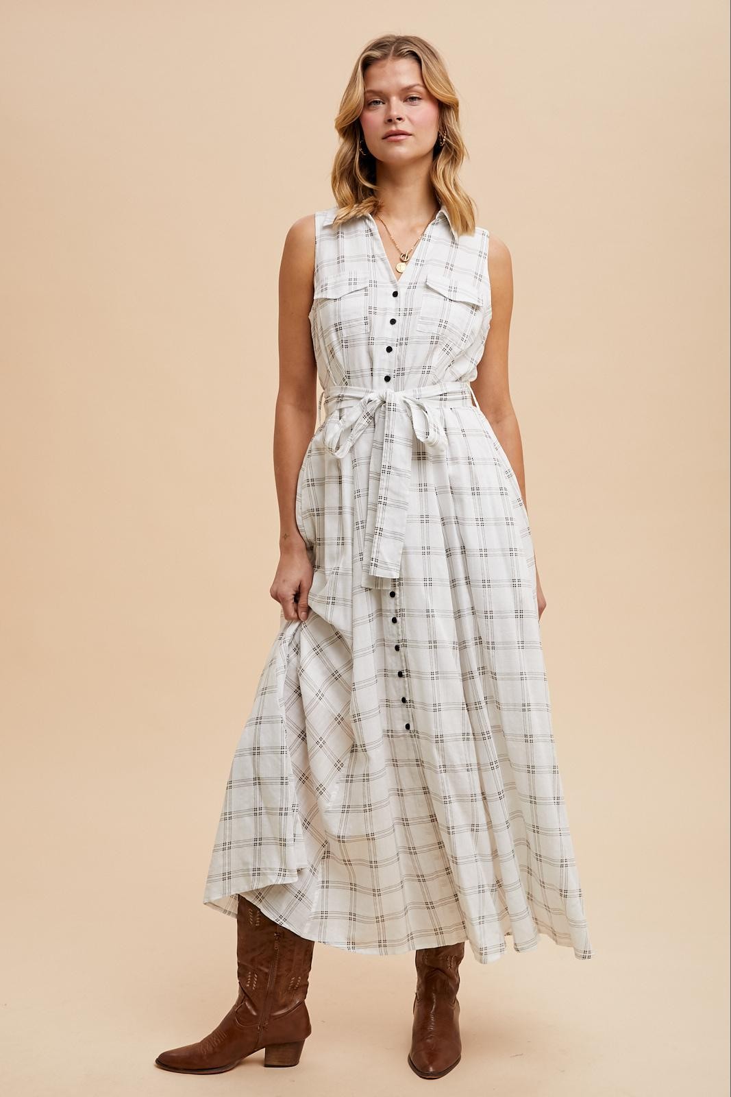 White Plaid Sleeveless Sash Tie Maternity Shirt Dress