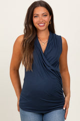 Navy Draped Crossover Maternity Sleeveless Top
