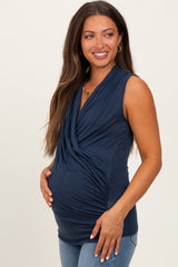 Navy Draped Crossover Maternity Sleeveless Top