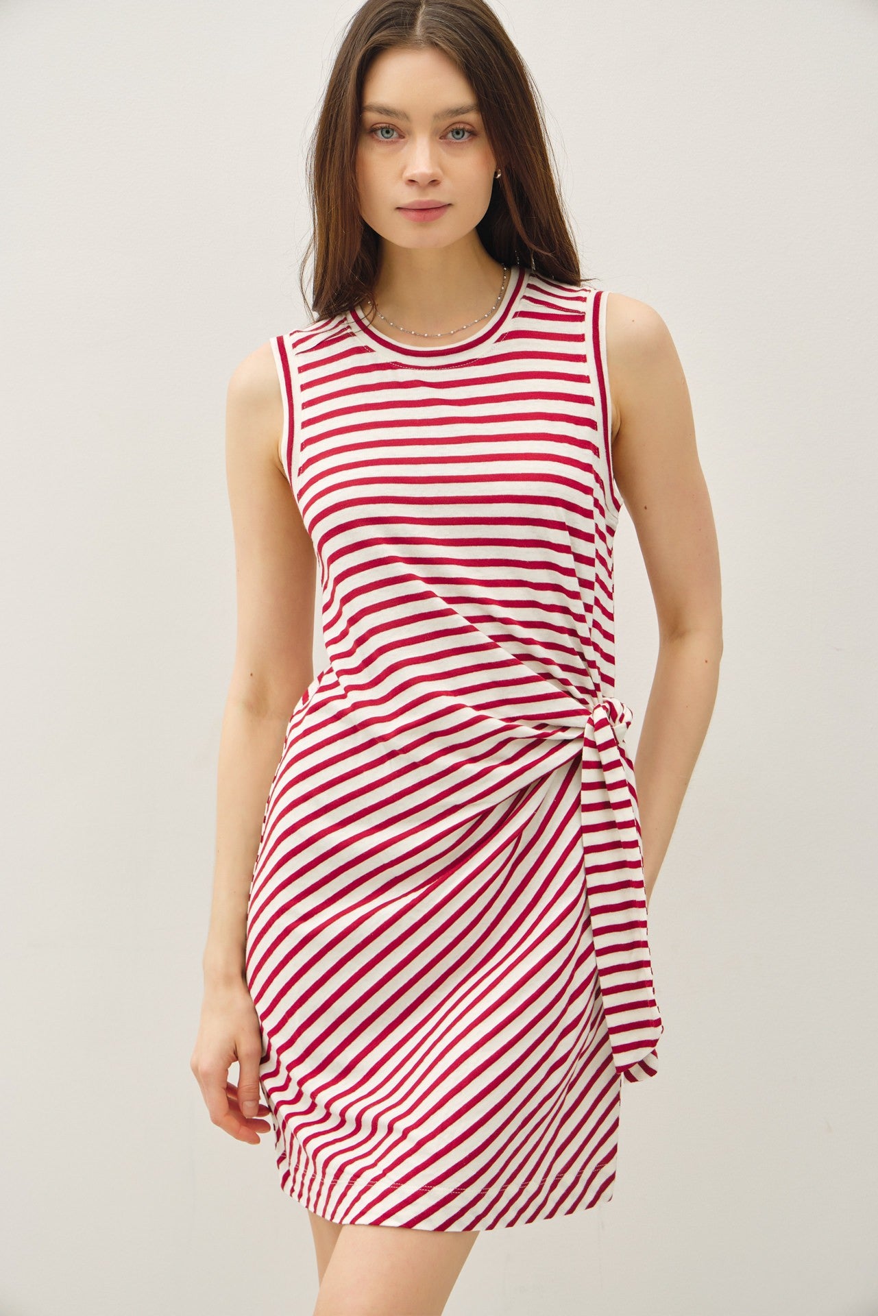 Red Striped Sleeveless Side Tie Mini Dress