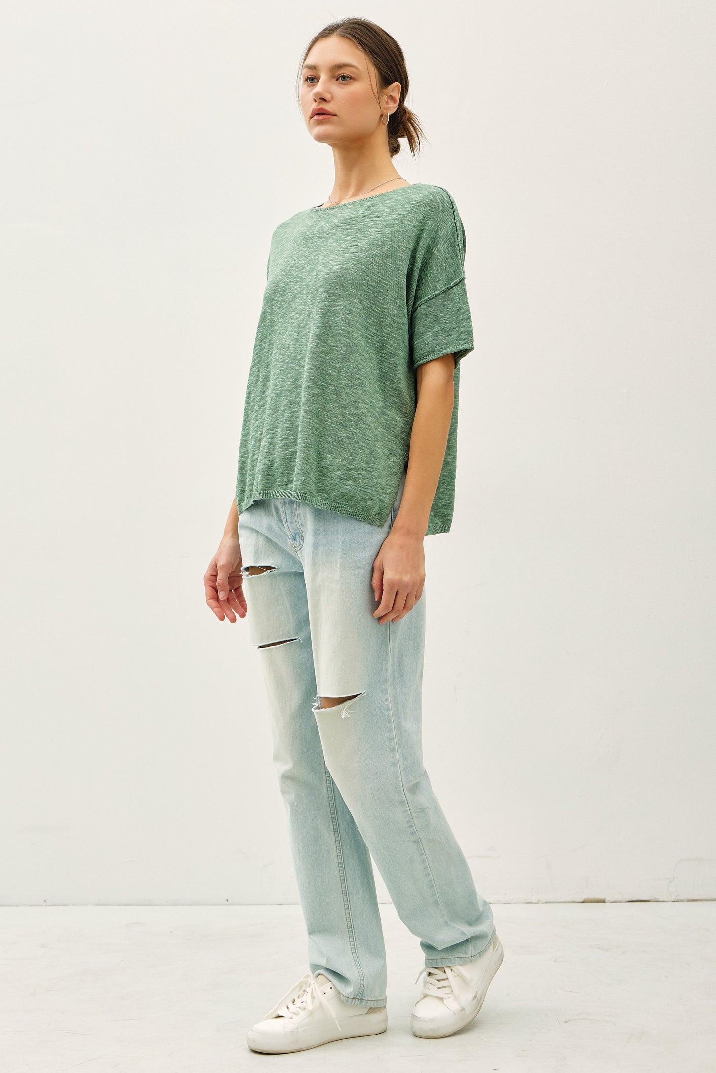 Green Knit Drop Shoulder Short Sleeve Top