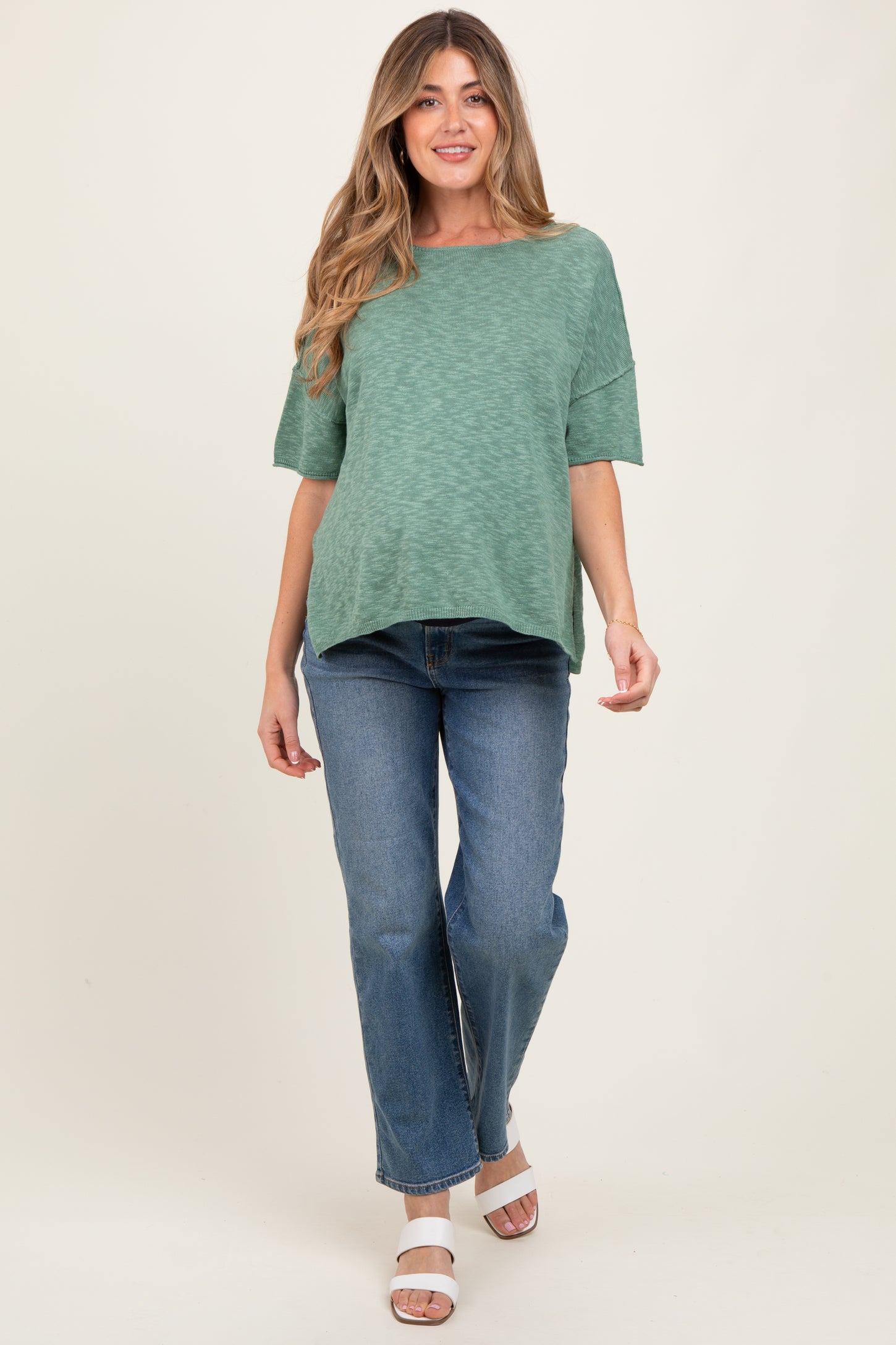 Green Knit Drop Shoulder Short Sleeve Maternity Top