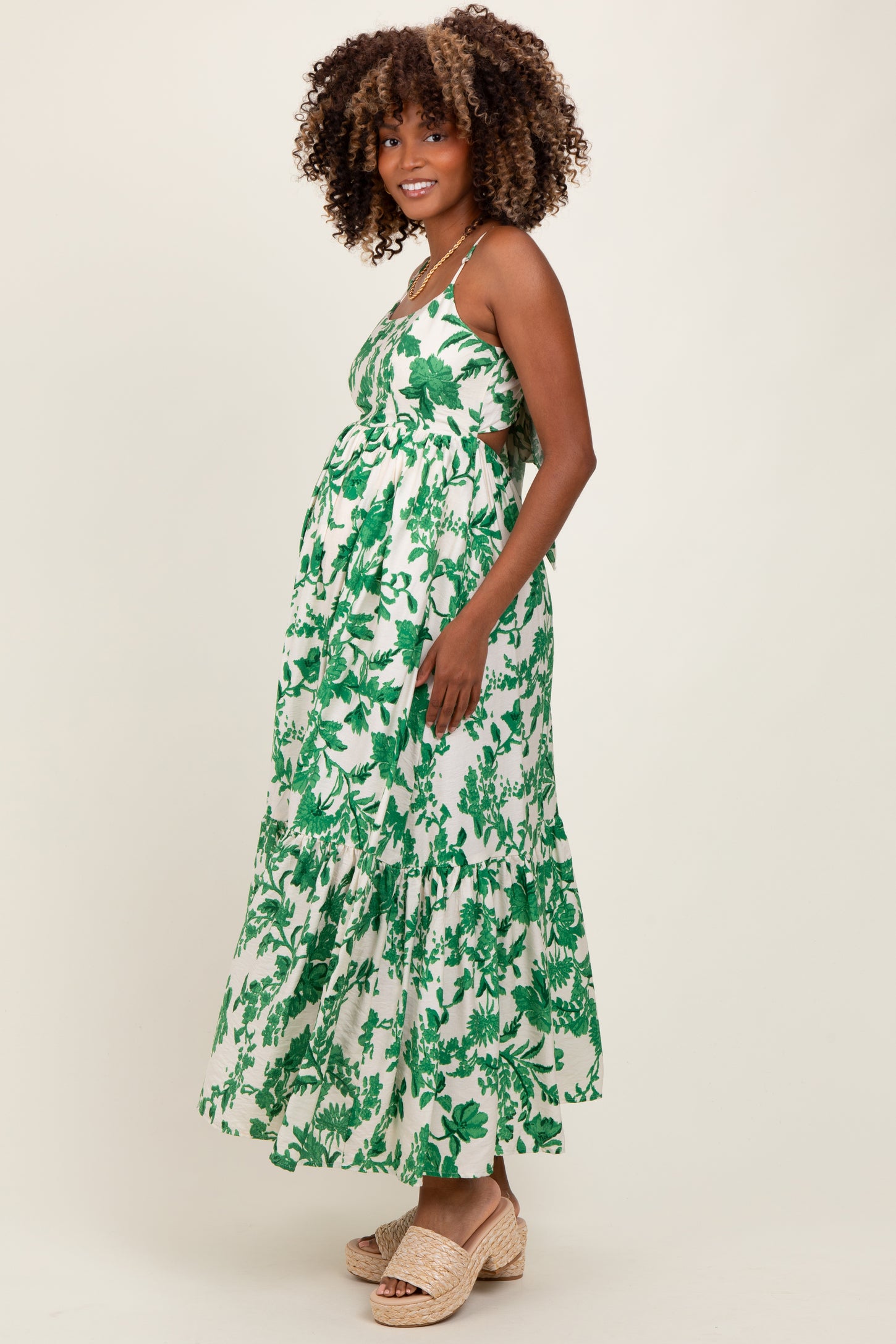 Green Floral Cutout Tie Back Maternity Maxi Dress