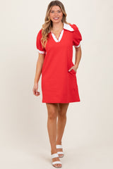 Red Textured Knit Contrast Collar Mini Dress