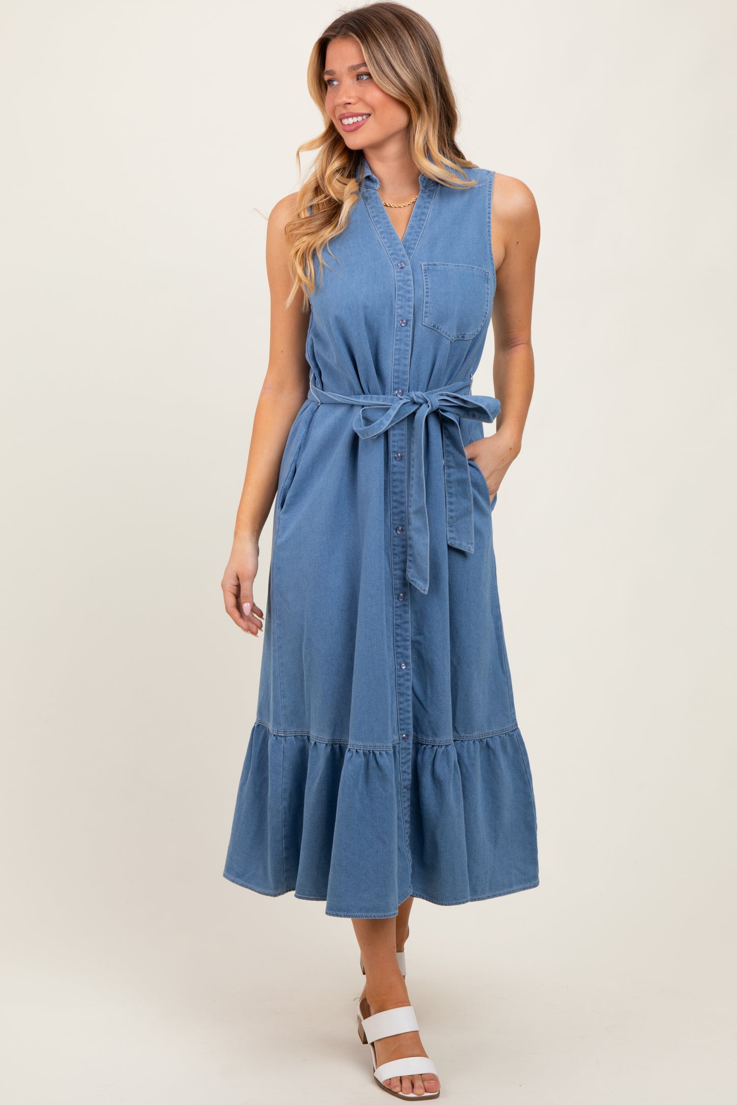 Blue Chambray Sleeveless Sash Tie Shirt Dress