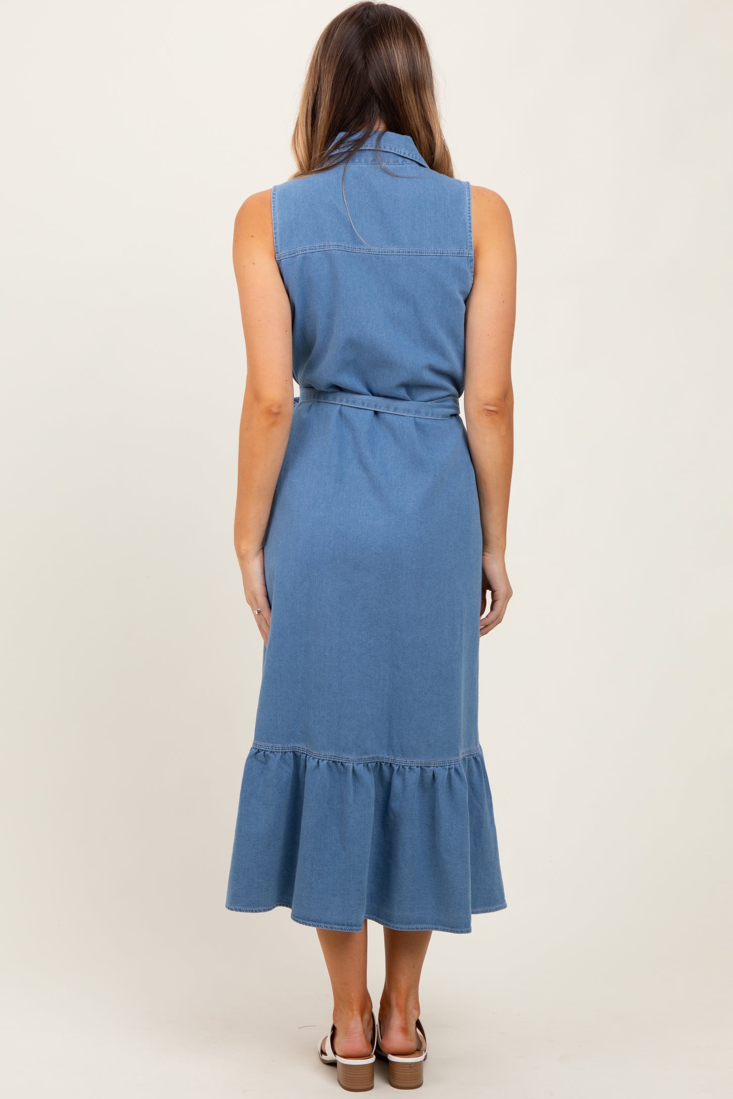 Blue Chambray Sleeveless Sash Tie Shirt Dress