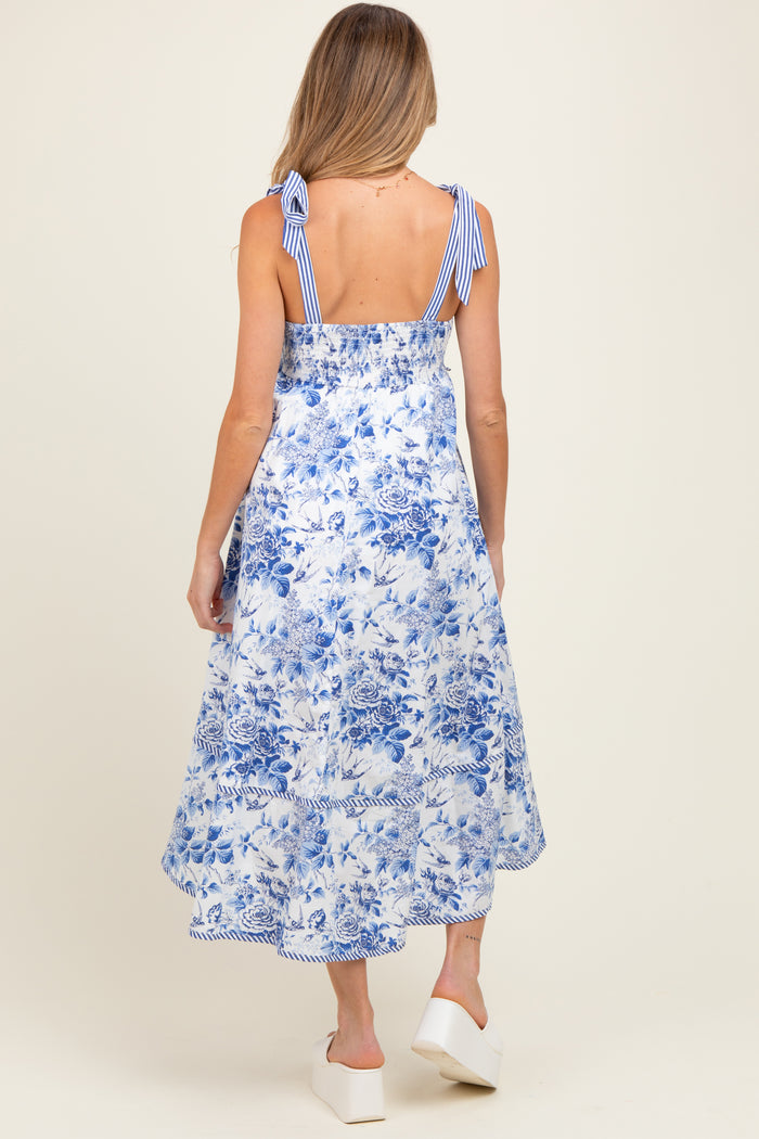 Blue Floral Shoulder Tie Striped Trim Maternity Midi Dress