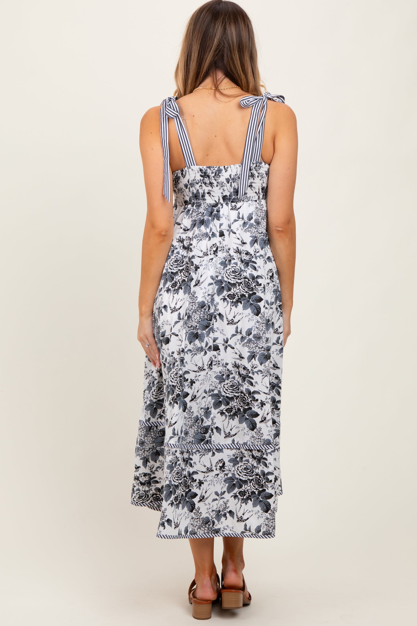 Black Floral Shoulder Tie Striped Trim Midi Dress