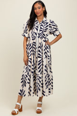 Navy Blue Leaf Print Scallop Trim Midi Shirt Dress