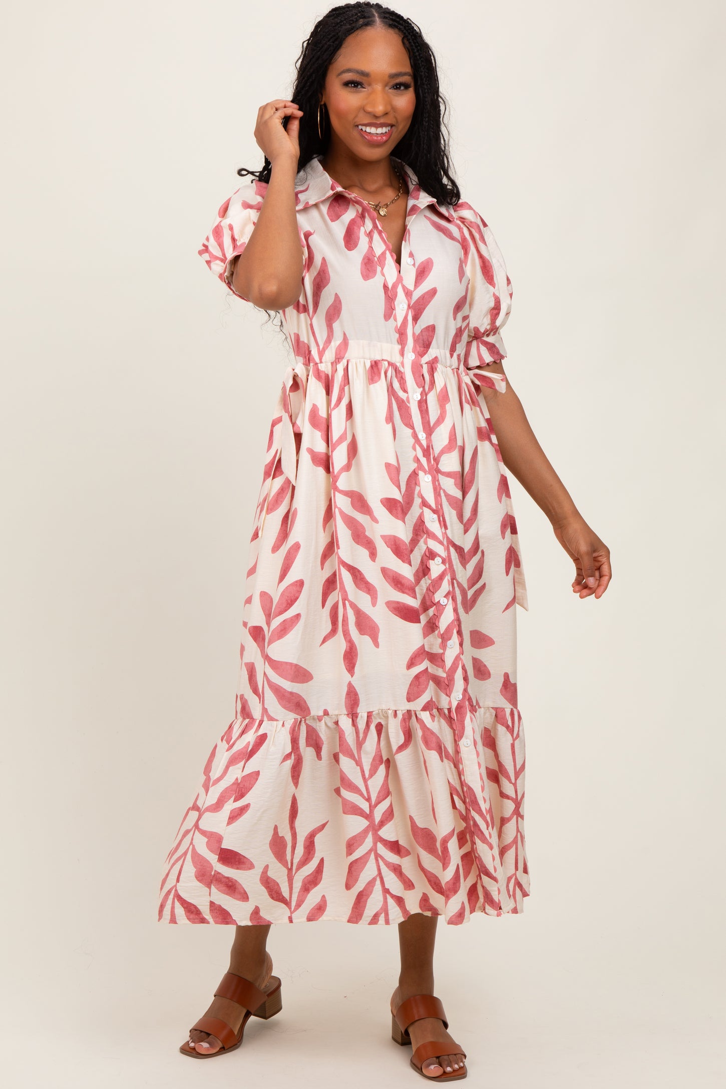 Pink Leaf Print Scallop Trim Midi Shirt Dress
