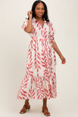 Pink Leaf Print Scallop Trim Maternity Midi Shirt Dress