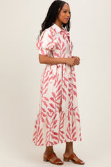 Pink Leaf Print Scallop Trim Midi Shirt Dress