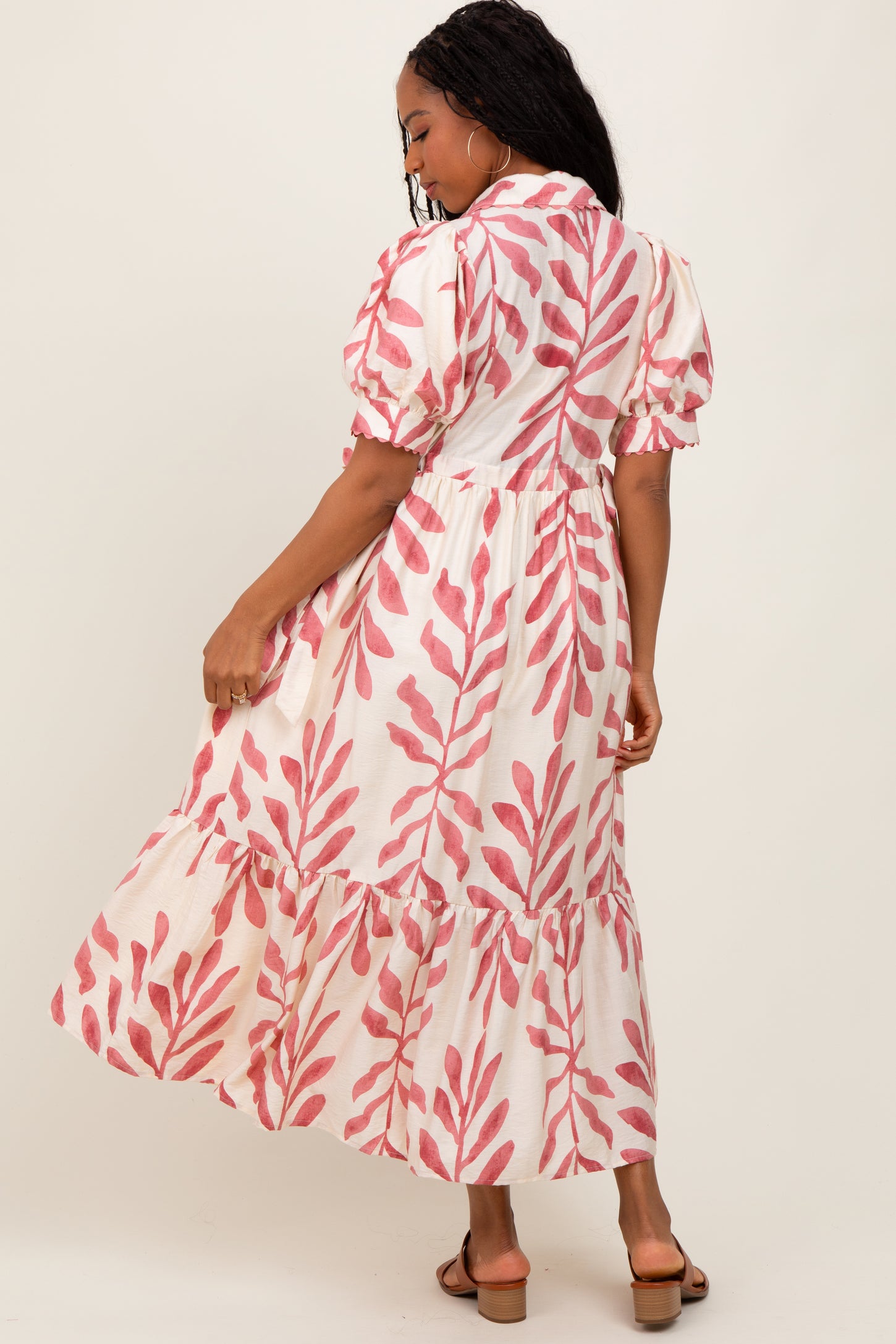 Pink Leaf Print Scallop Trim Midi Shirt Dress