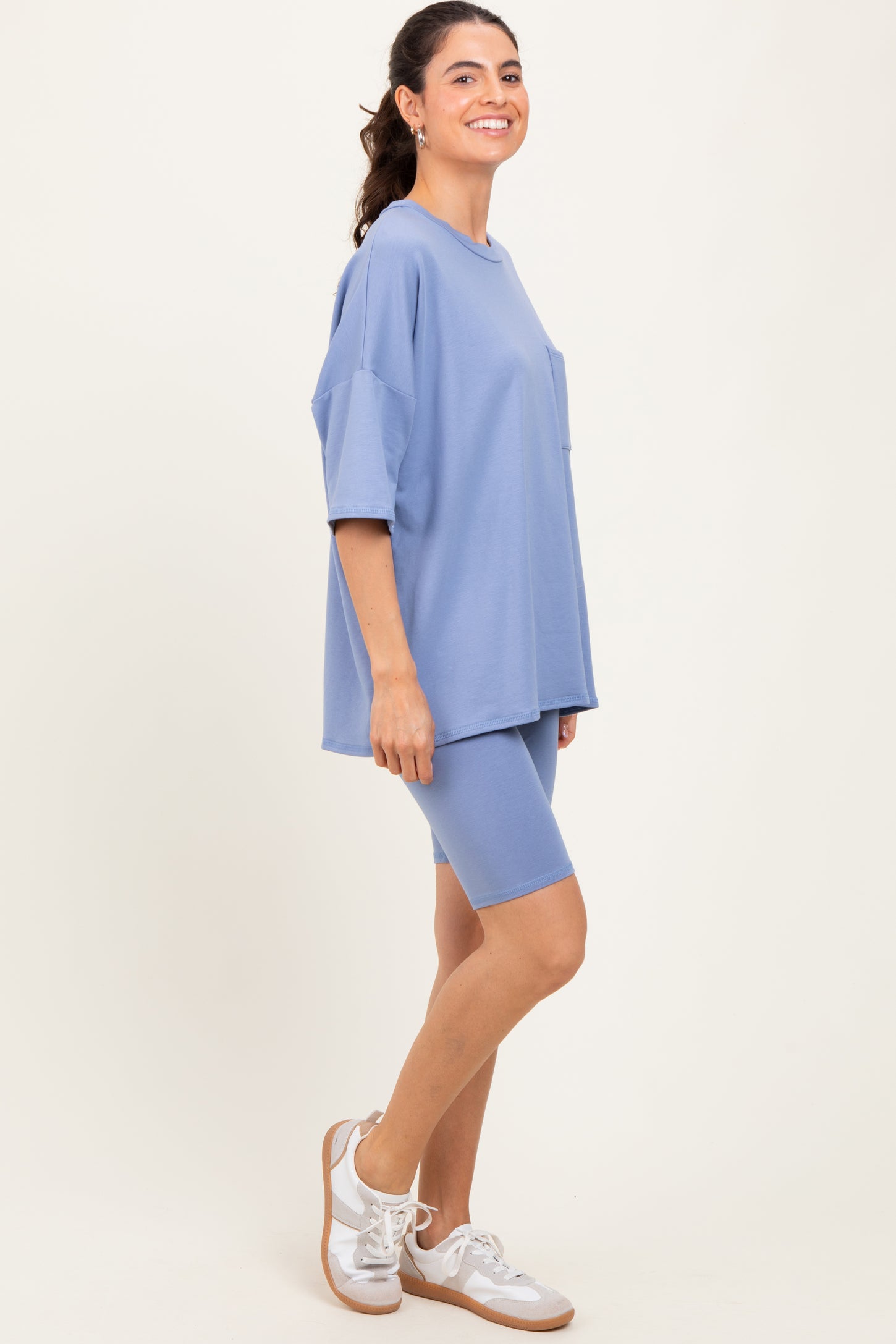 Blue Oversized Short Sleeve Biker Short Set