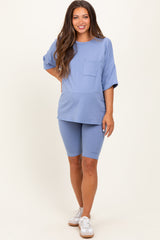 Blue Oversized Short Sleeve Biker Short Maternity Set