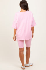 Light Pink Oversized Short Sleeve Biker Short Maternity Set