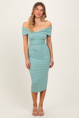 Light Olive Off Shoulder Fitted Midi Dress