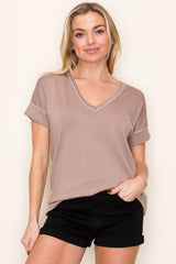 Mocha Knit Stitch Accent Short Sleeve Top