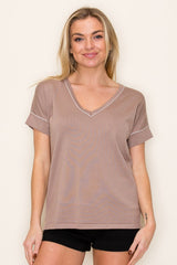Mocha Knit Stitch Accent Short Sleeve Top