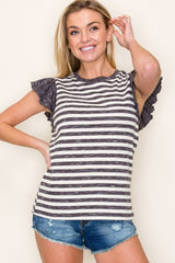 Charcoal Ribbed Striped Flutter Sleeve Top