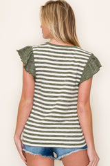Olive Ribbed Striped Flutter Sleeve Top