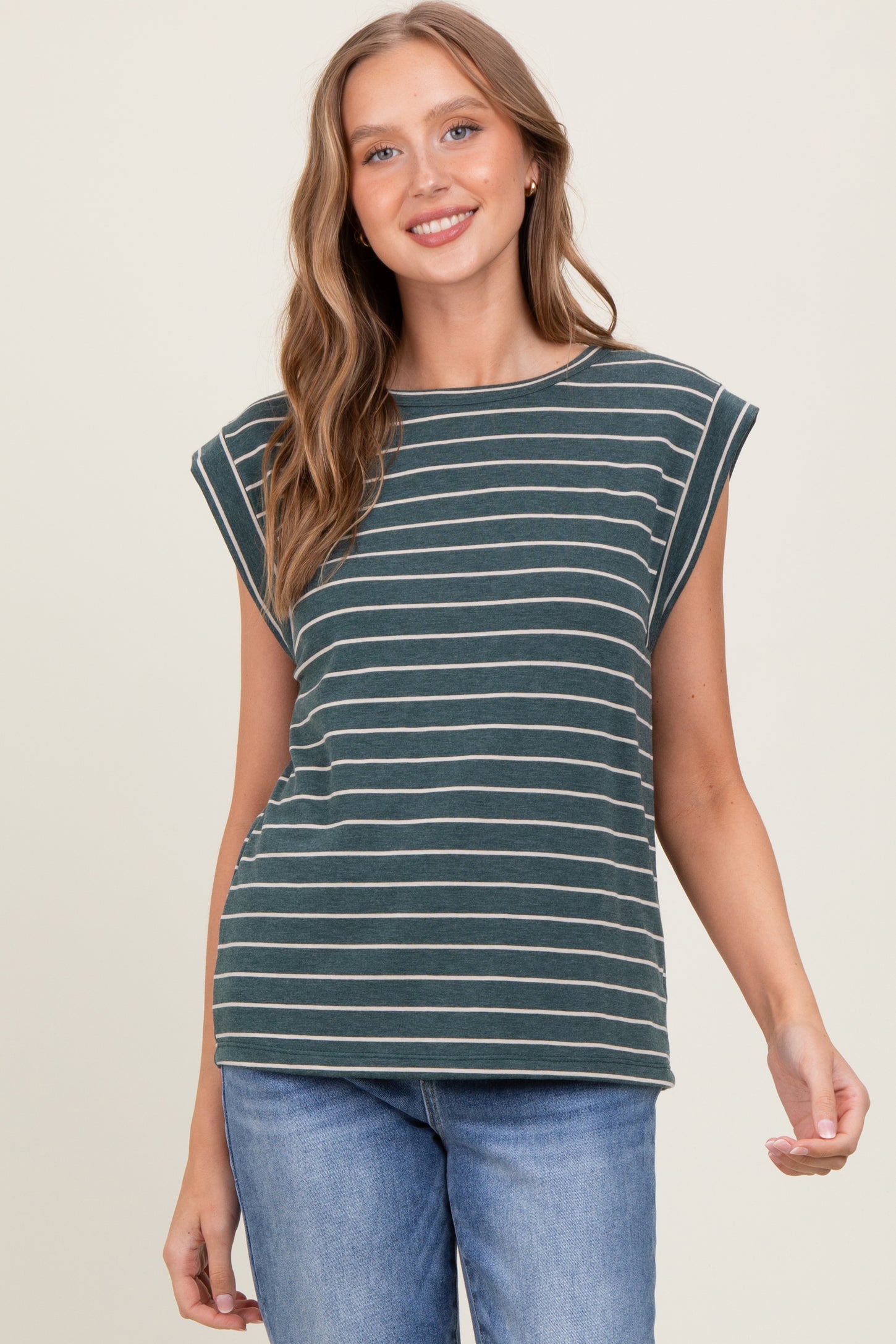 Olive Striped Terry Maternity Short Sleeve Top