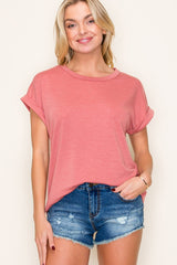 Light Coral Rolled Cuff Short Sleeve Maternity Top