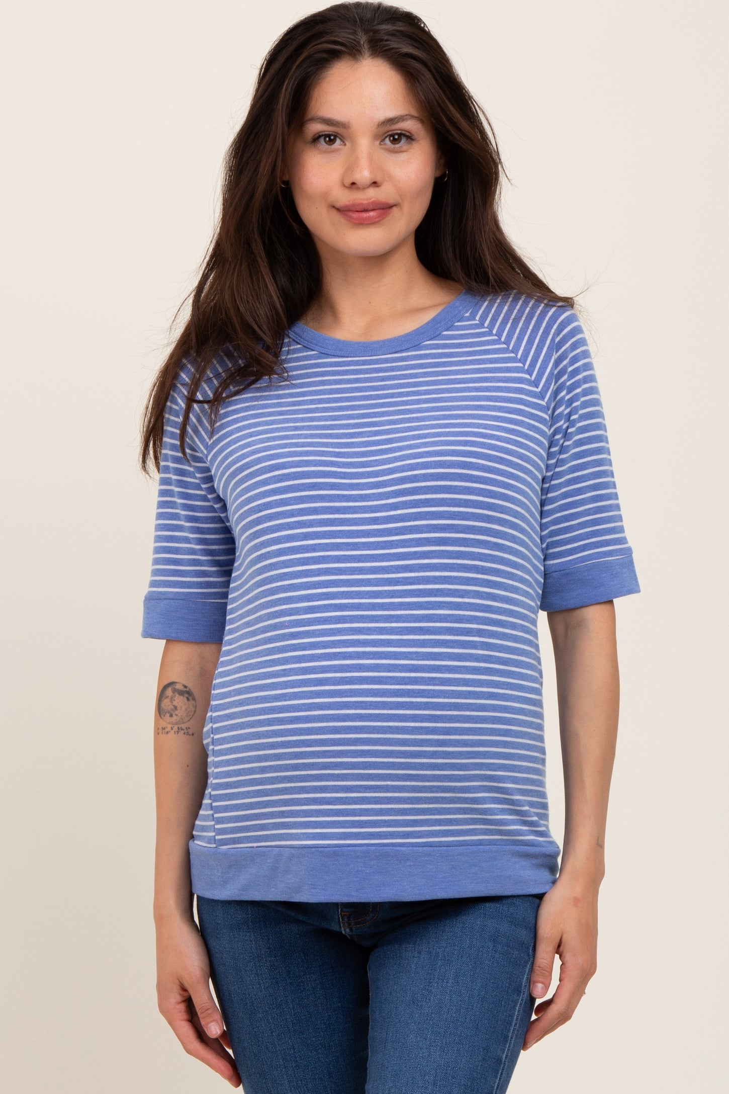 Blue Terry Striped Raglan Sleeve Maternity Top