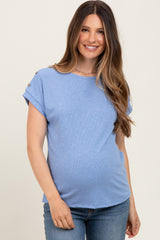 Blue Button Shoulder Detail Maternity Short Sleeve Top
