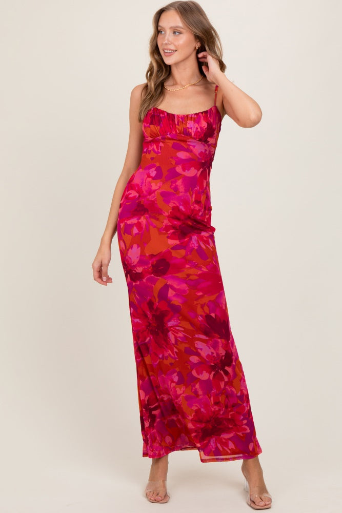 Magenta Floral Back Cutout Maternity Midi Dress