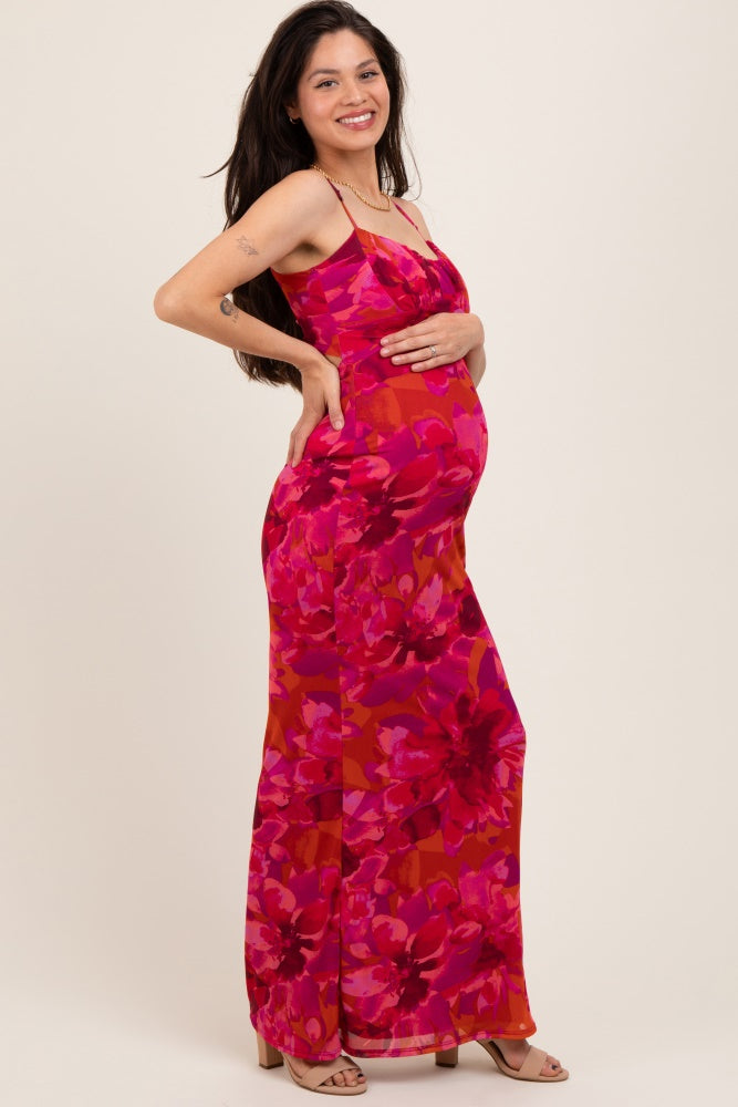 Magenta Floral Back Cutout Maternity Midi Dress