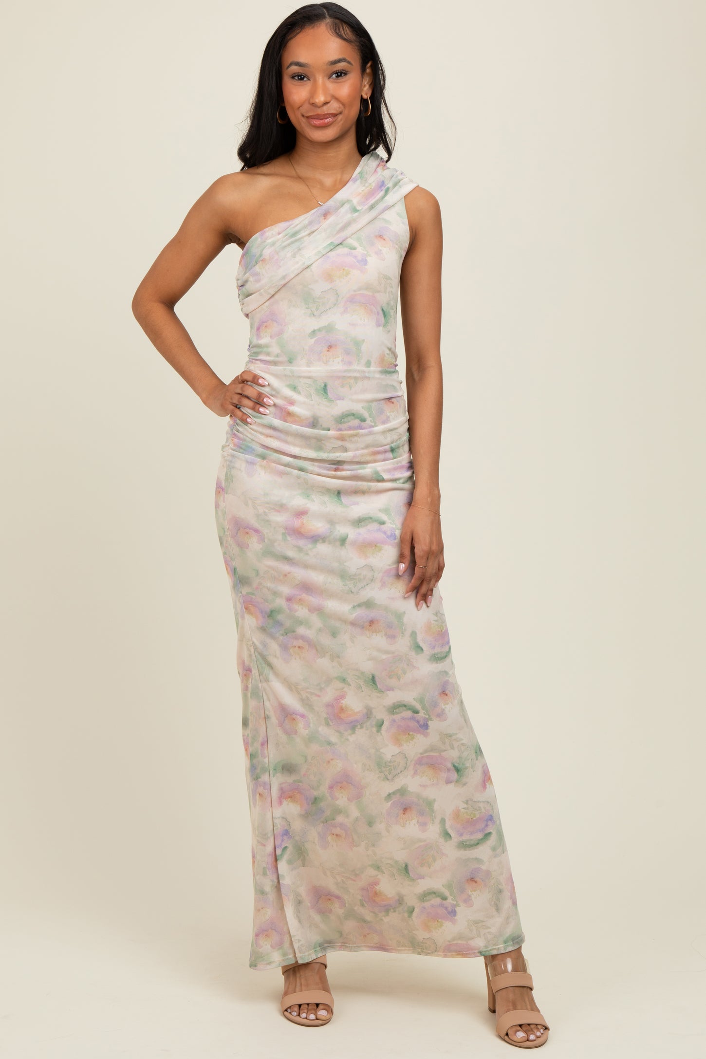 Cream One Shoulder Ruched Maxi Dress