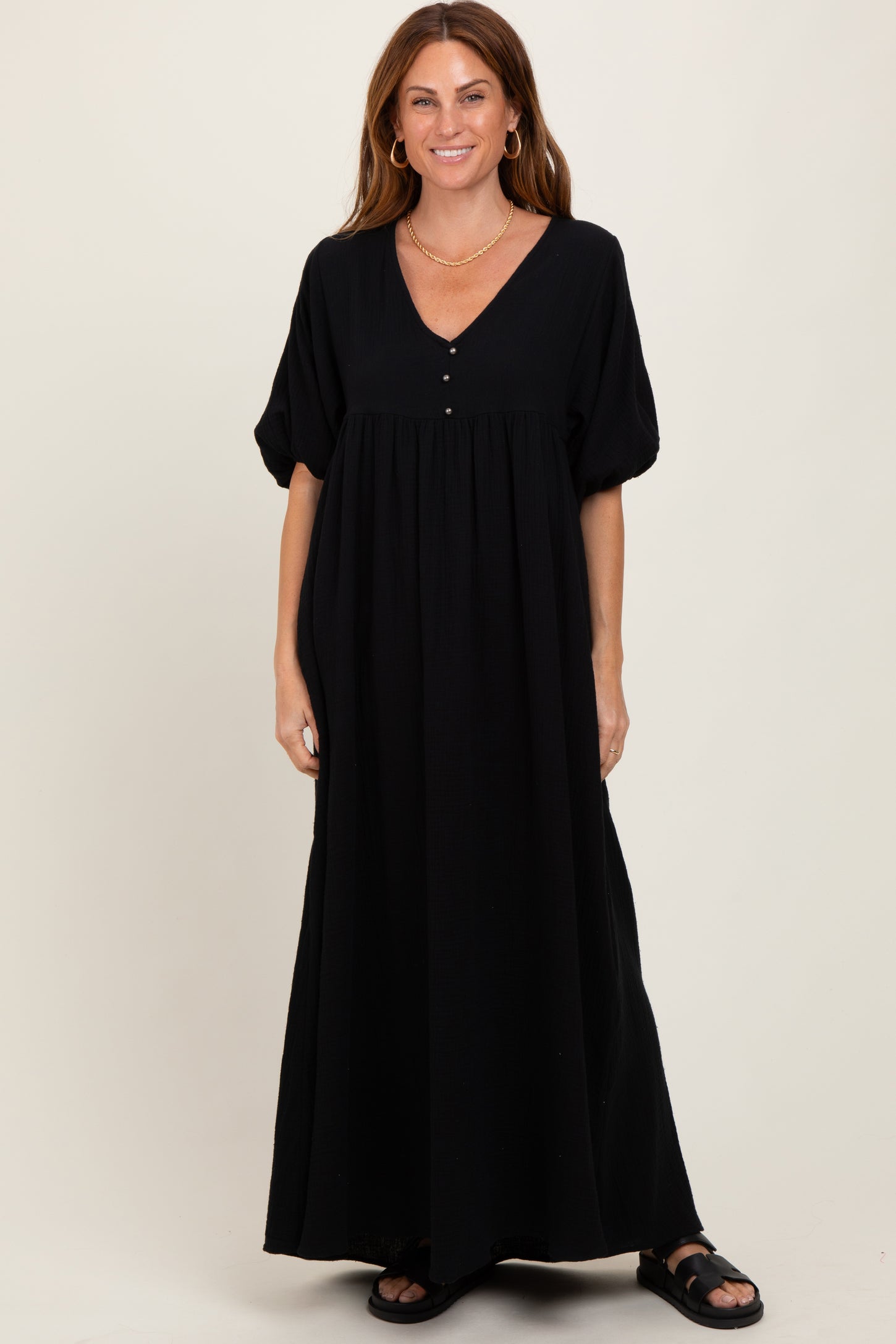 Black Solid Woven Elbow Sleeve V-Neck Button Down Maxi Dress