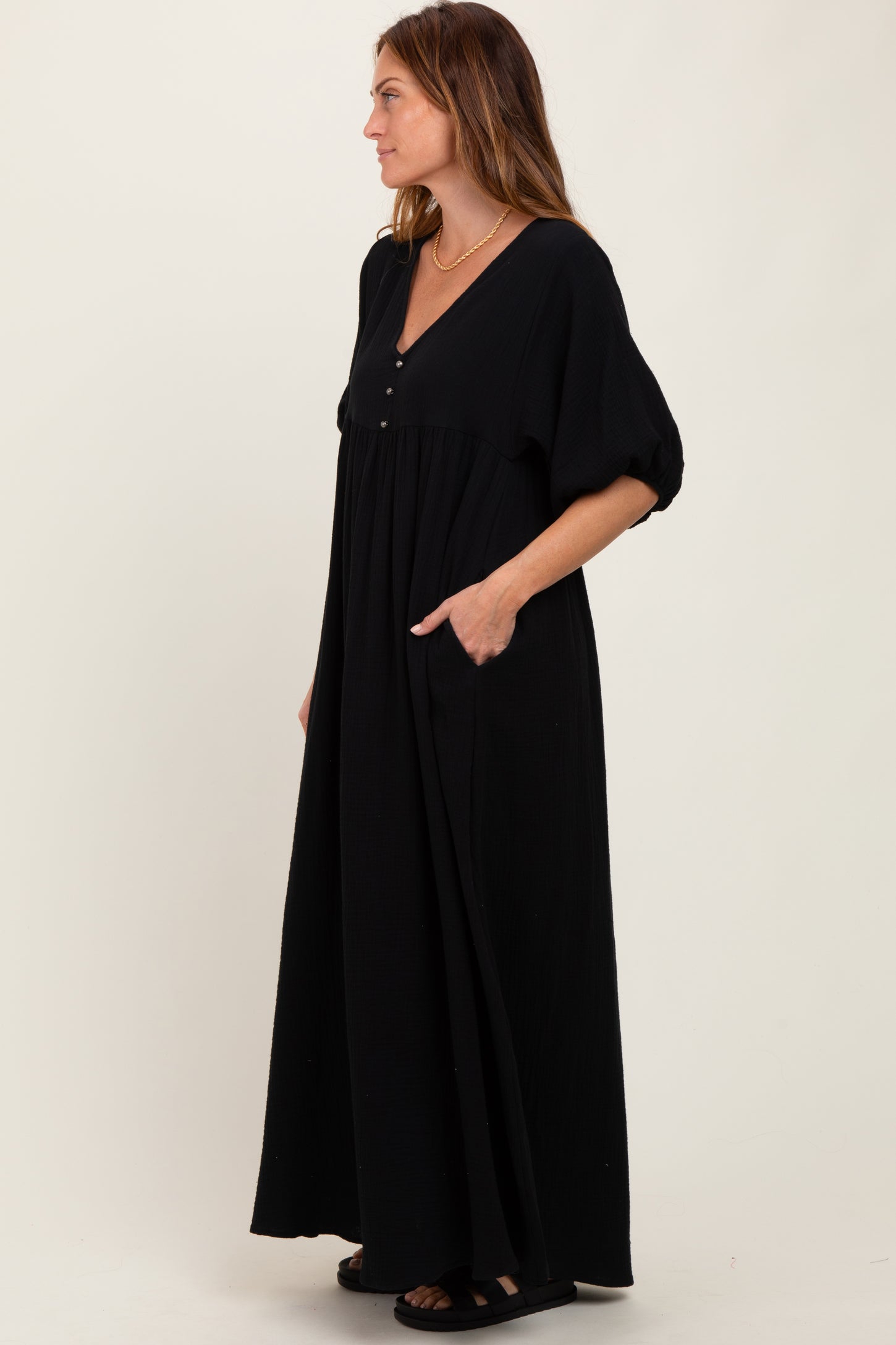 Black Solid Woven Elbow Sleeve V-Neck Button Down Maxi Dress