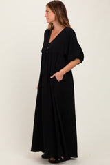 Black Solid Woven Elbow Sleeve V-Neck Button Down Maxi Dress