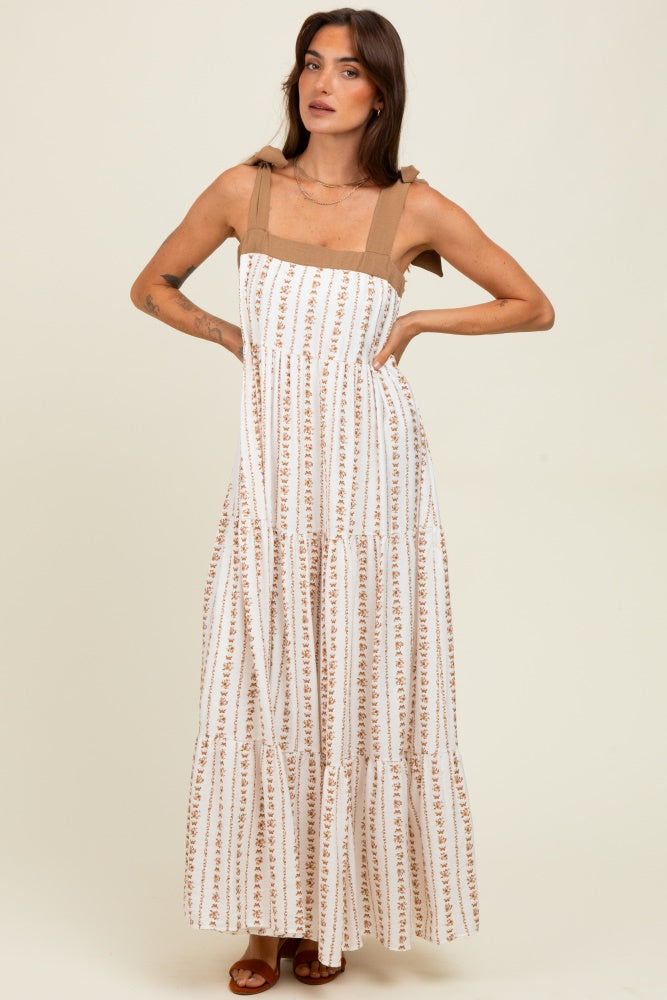Mocha/White Ditzy Floral Sleeveless Tiered Maxi Dress
