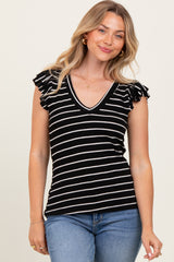 Black/Ivory Stripe Ribbed Ruffle Sleeve V-Neck Maternity Top