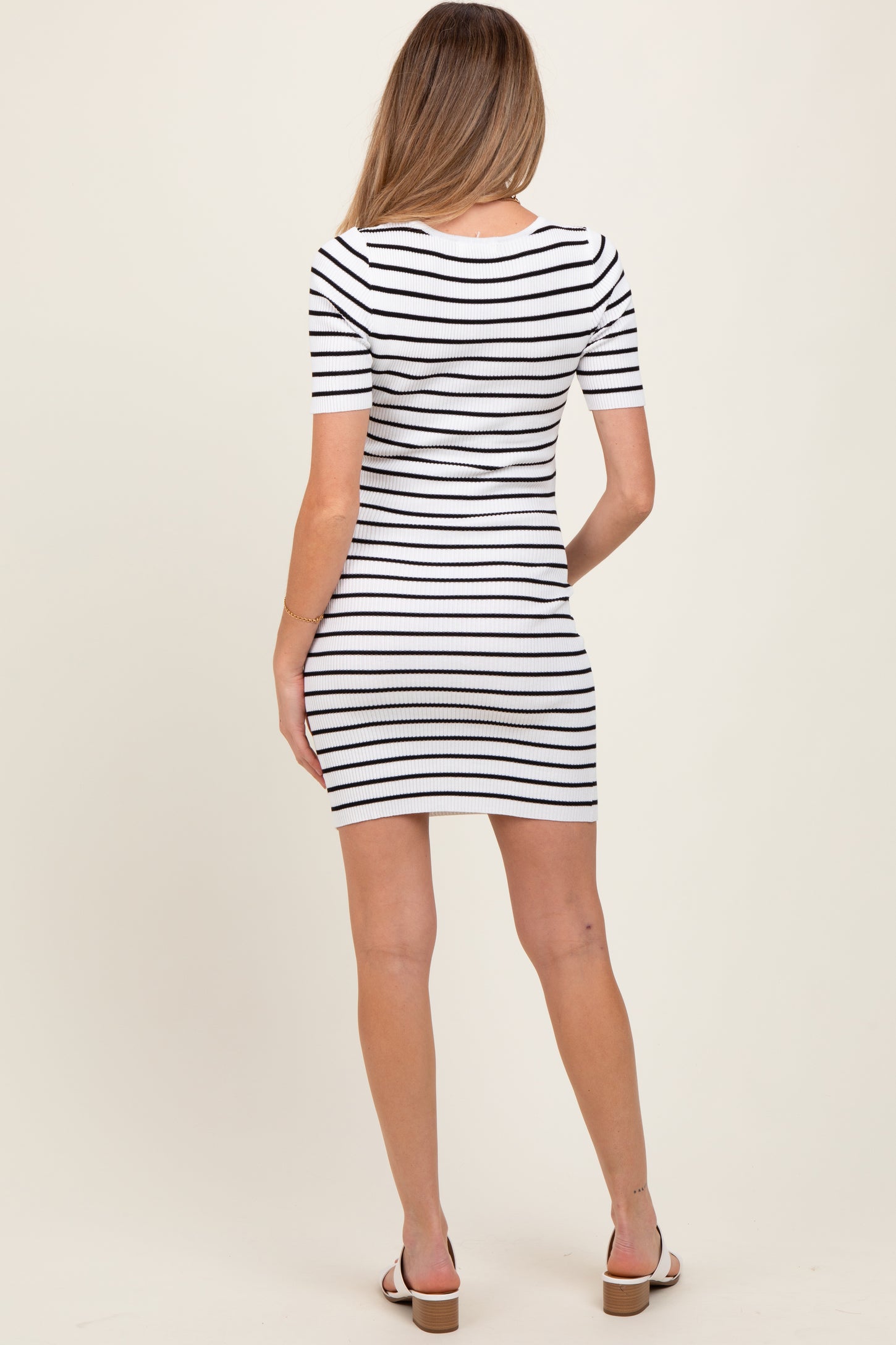 White Striped Ribbed Knit Short Sleeve Maternity Mini Dress